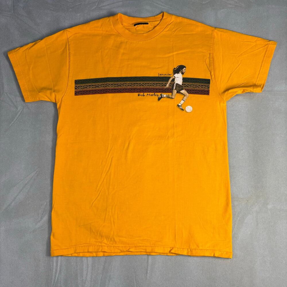Vintage‎ Bob Marley Zion Rootswear Jammin Soccer Graphic T-Shirt Yellow Sz M